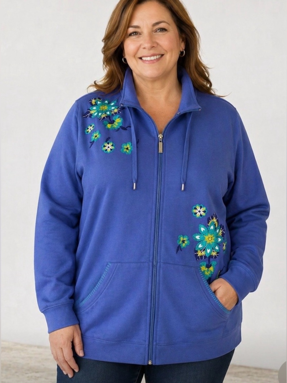 NWT!Liz & Me Blue Embroidered Floral Zip-Up Pocket Jacket Size 3X